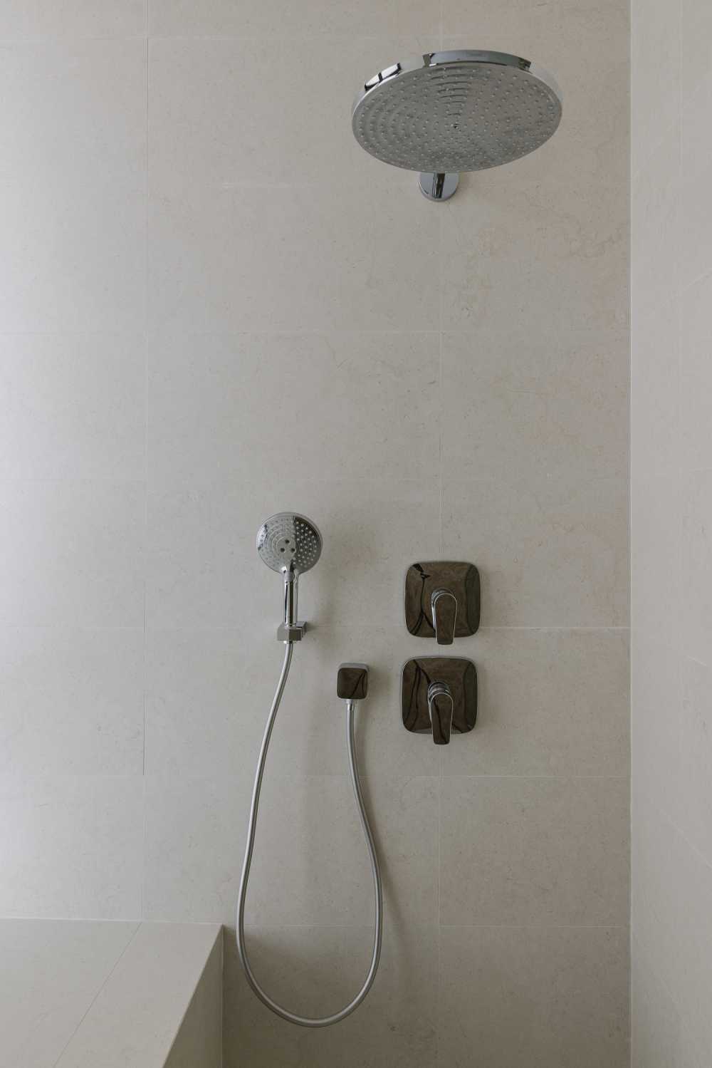 Contemporary Bathroom with Window Seat and Shower Screen