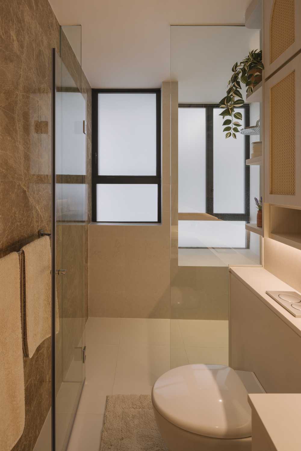 Contemporary Bathroom with Window Seat and Shower Screen