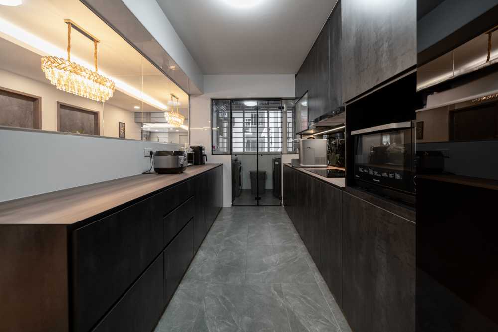 Modern Kitchen with Countertop and Glass Door