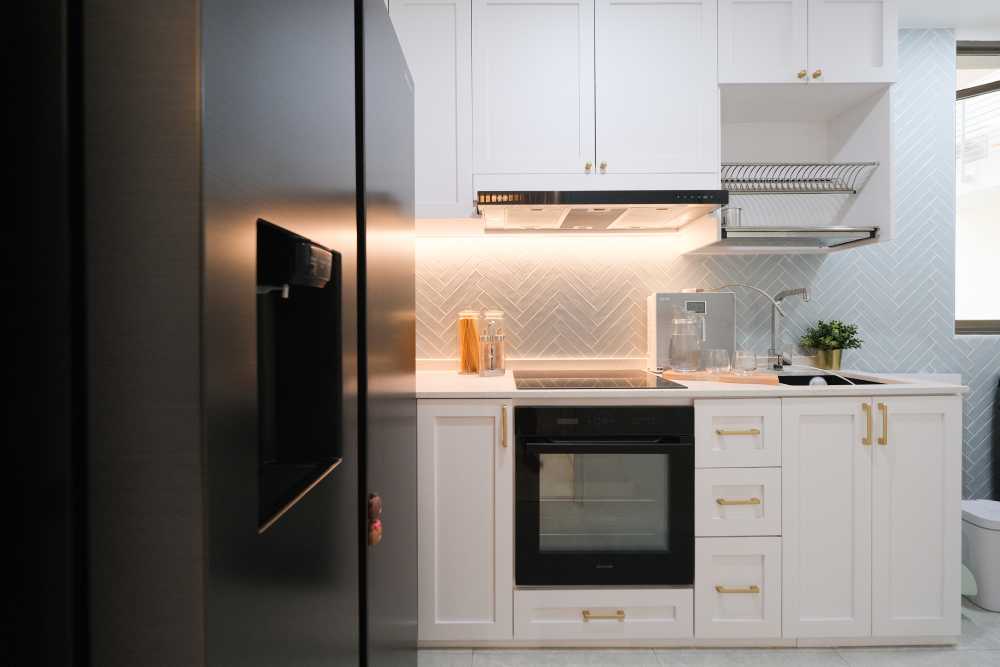 Modern Kitchen with Countertop and Herringbone Tiling