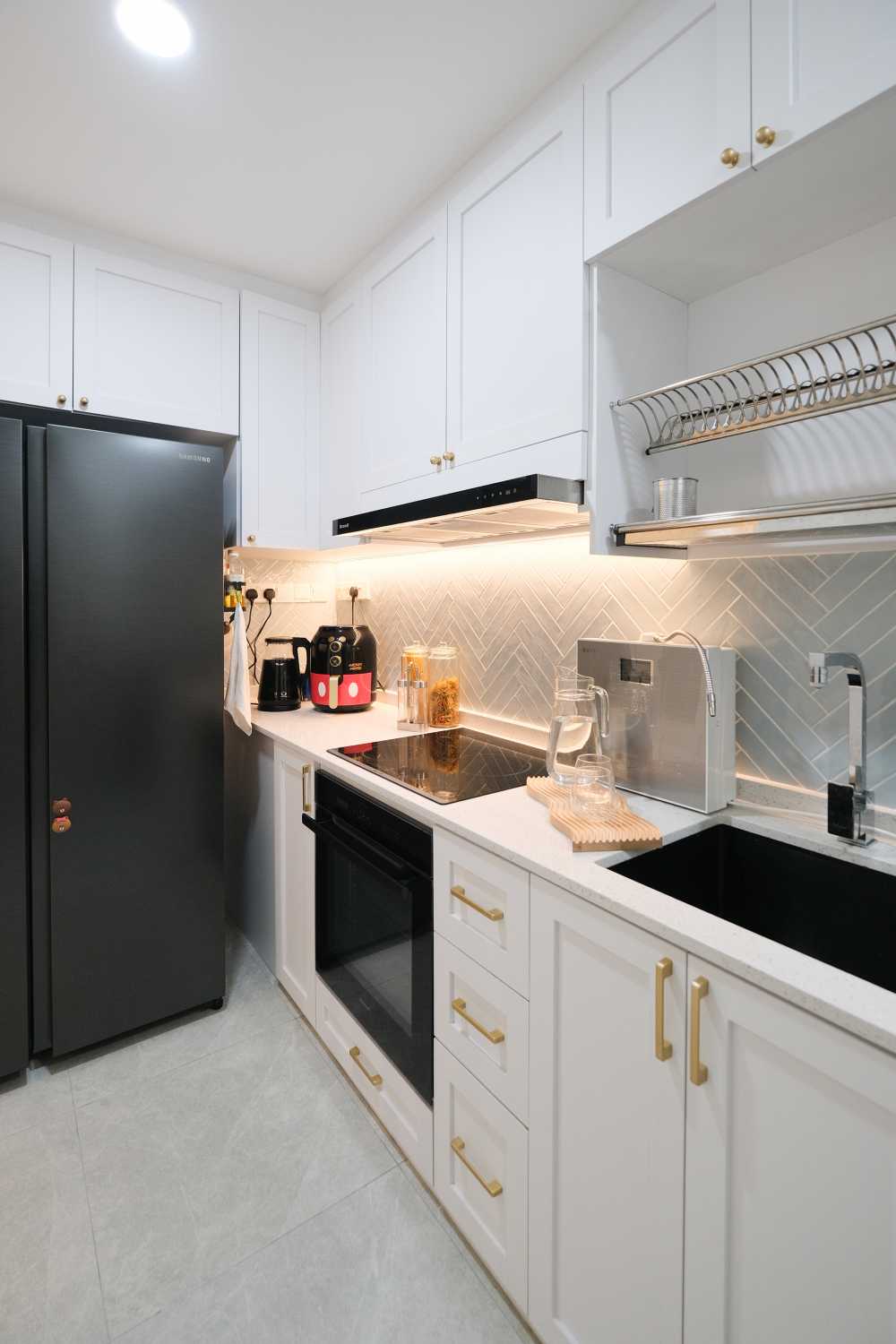 Modern Kitchen with Countertop and Herringbone Tiling