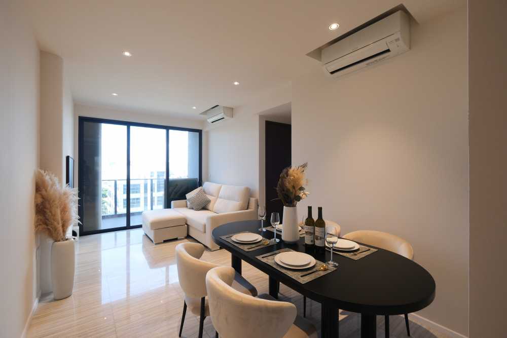 Minimalist Dining Room with Ceiling Light and Dining Table