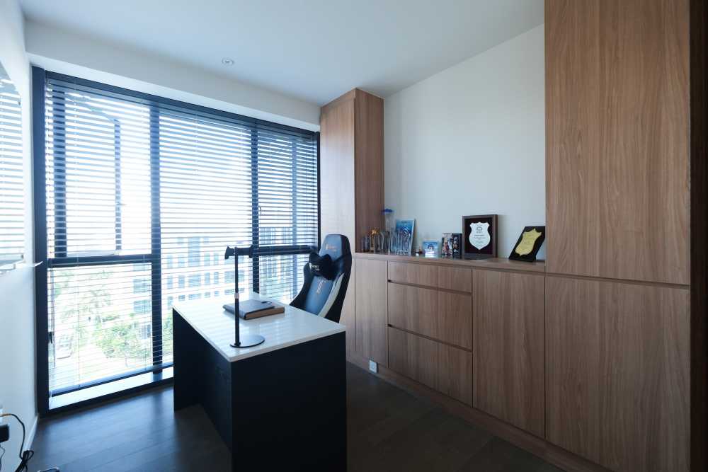 Minimalist Home Office with Desk Chairs and Storage Cabinets