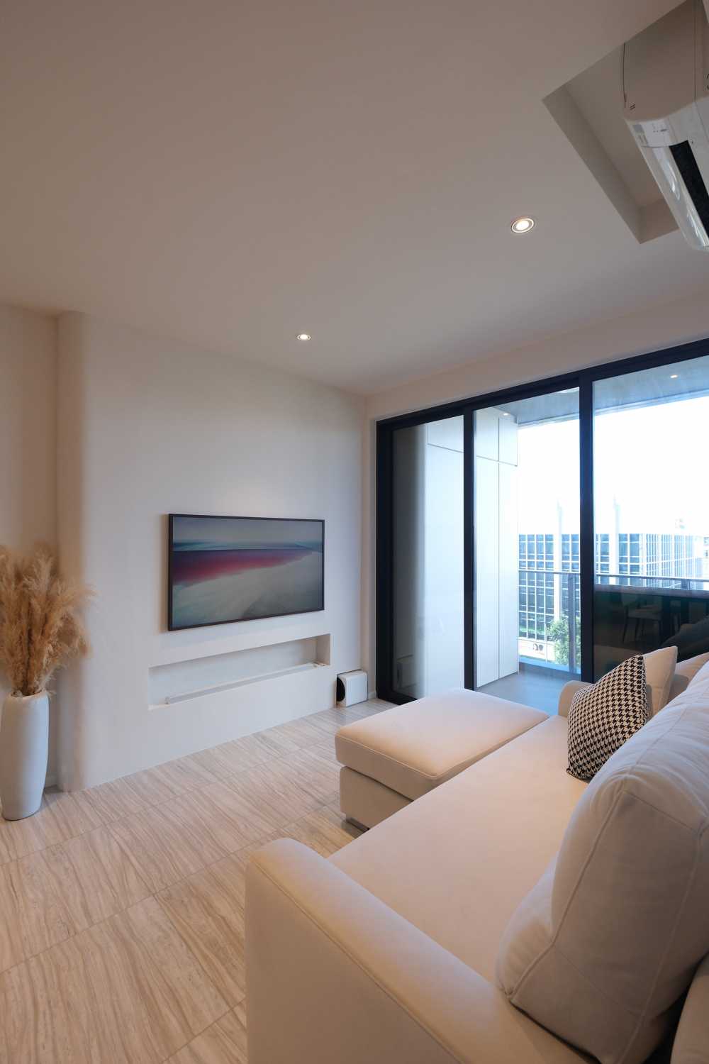 Minimalist Living Room with Feature Wall and Ceiling Light