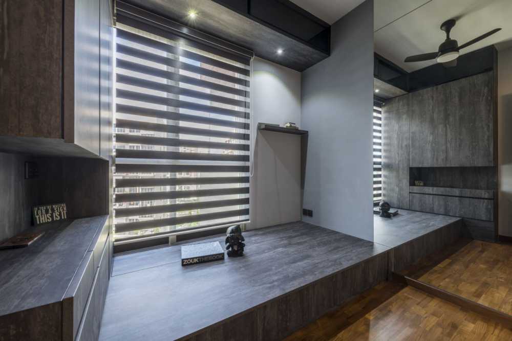 Contemporary Bedroom with Platform Bed and Bay Window
