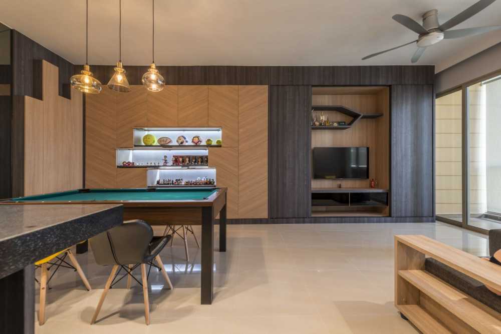 Contemporary Hallway with Bookshelf and Artwork