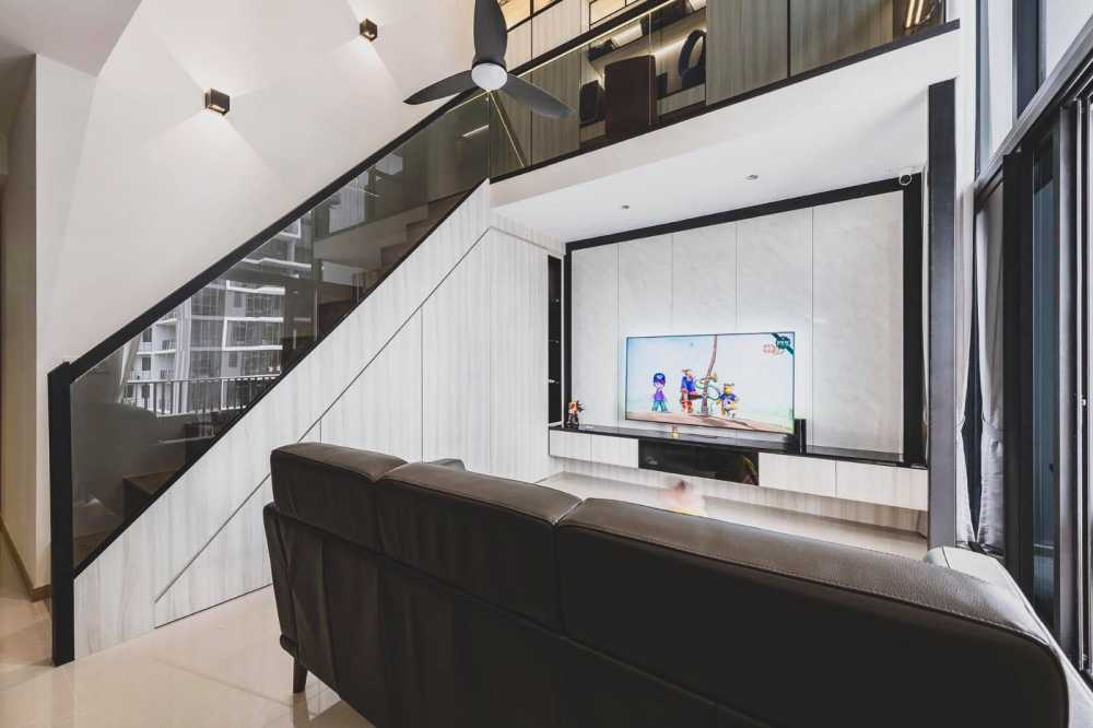 Modern Hallway with Bookshelf and Artwork