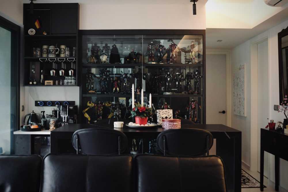 Industrial Dining Room with Drop Ceiling and Downlights
