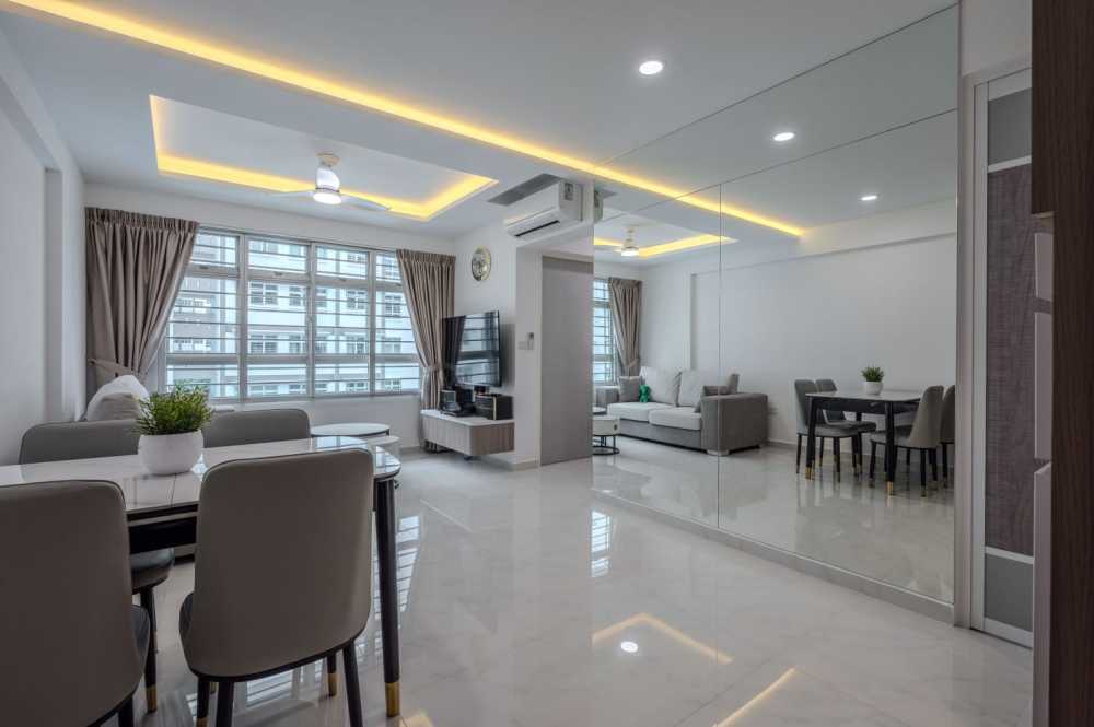 Modern Living Room with Homogeneous Tiles and Mirror