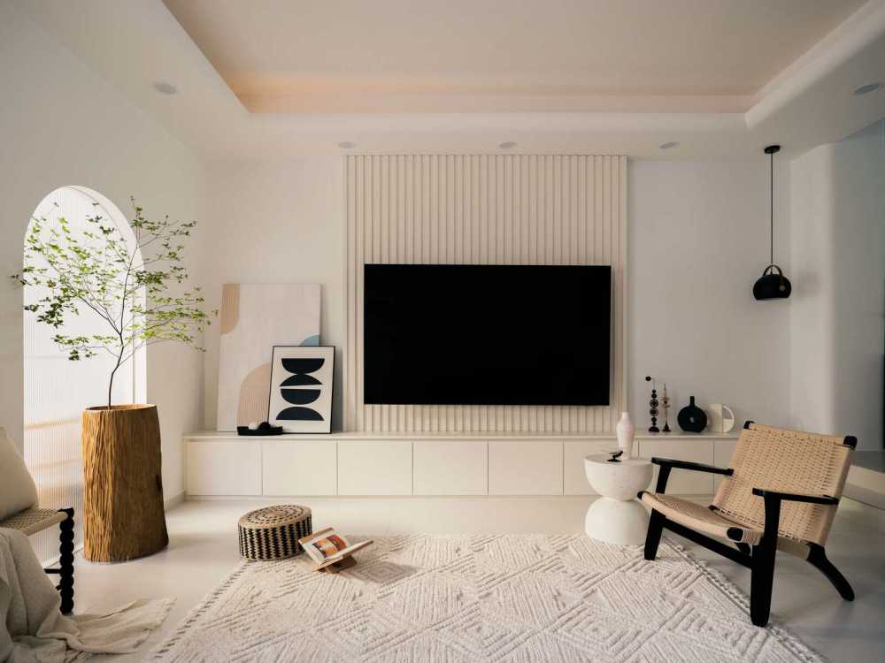 Minimalist Living Room with Homogeneous Tiles and TV Console