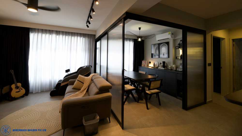 Modern Dining Room with Homogeneous Tiles and Panelling
