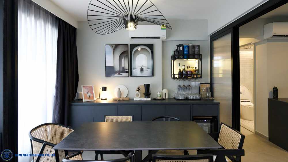 Modern Dining Room with Homogeneous Tiles and Artwork