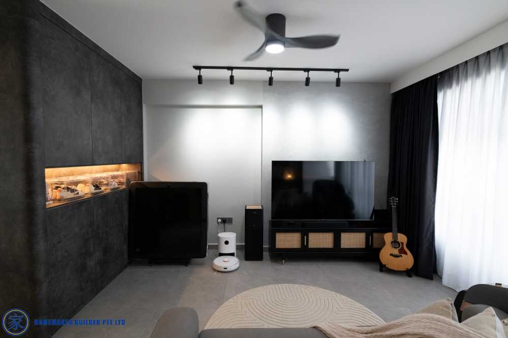 Modern Living Room with Homogeneous Tiles and Carpet