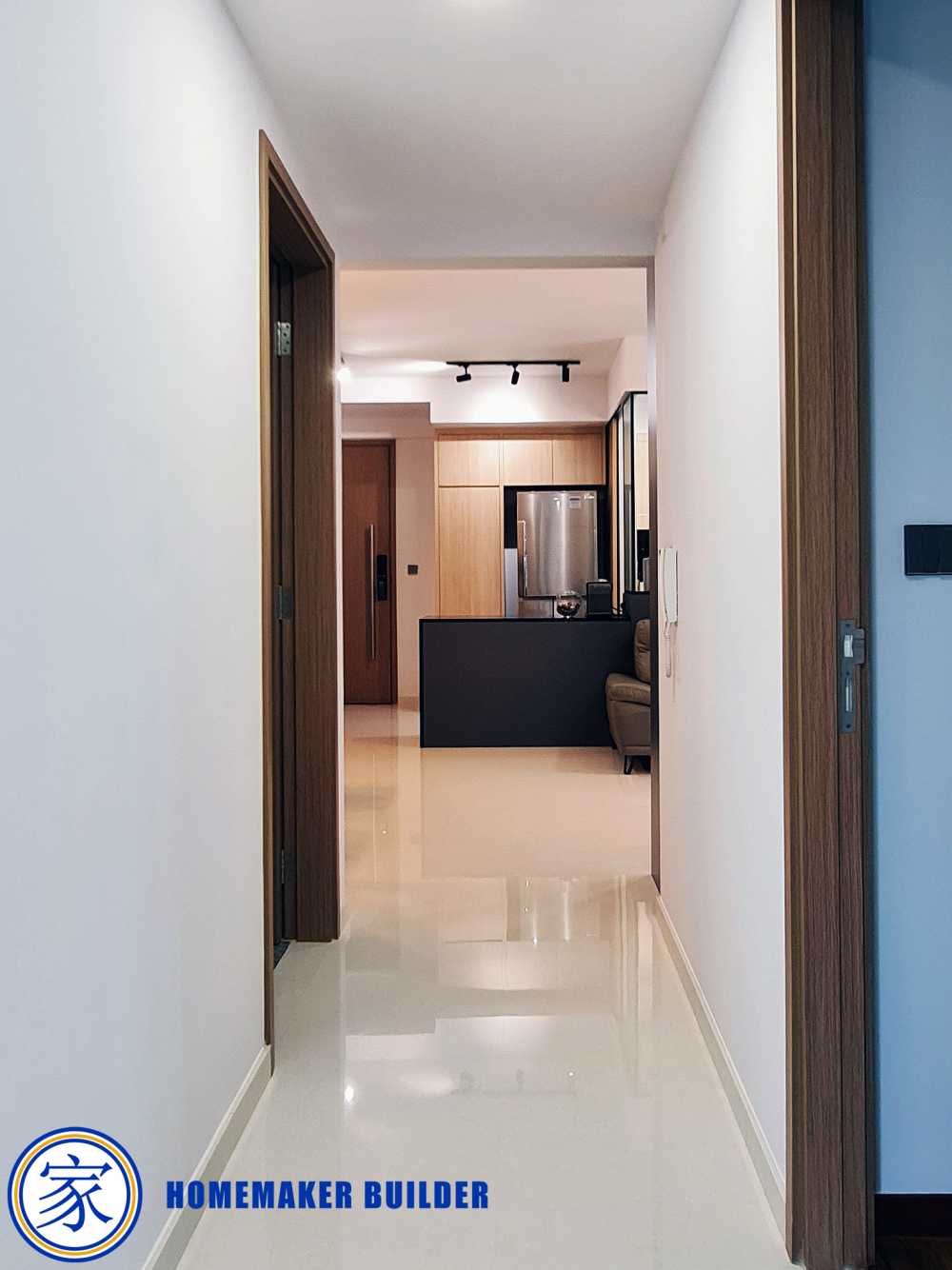 Contemporary Hallway with Countertop and Kitchen Island