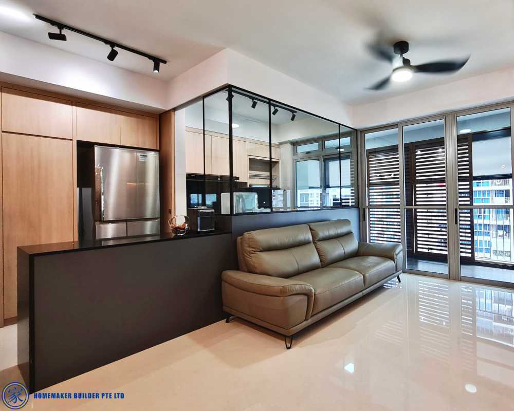 Contemporary Living Room with Kitchen Island and Panelling