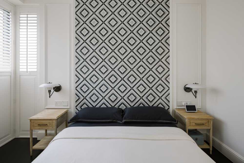 Modern Bedroom with Window Shutters and Bedside Table