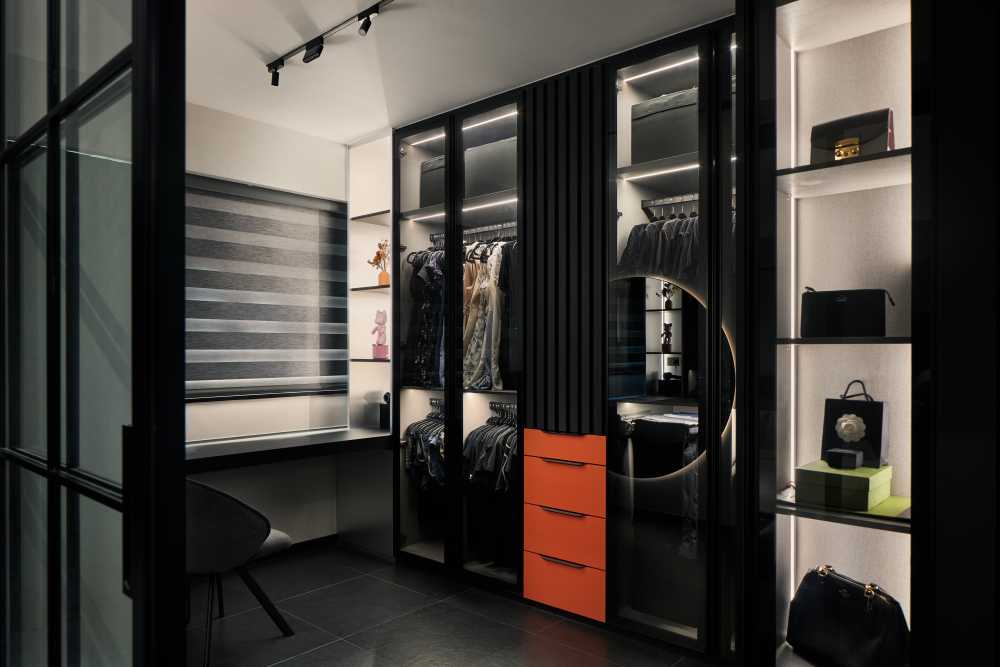 Modern Bedroom with Homogeneous Tiles and Roller Blinds