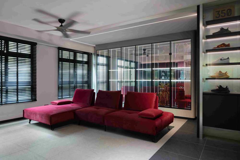 Modern Living Room with Sofa and Display Cabinets