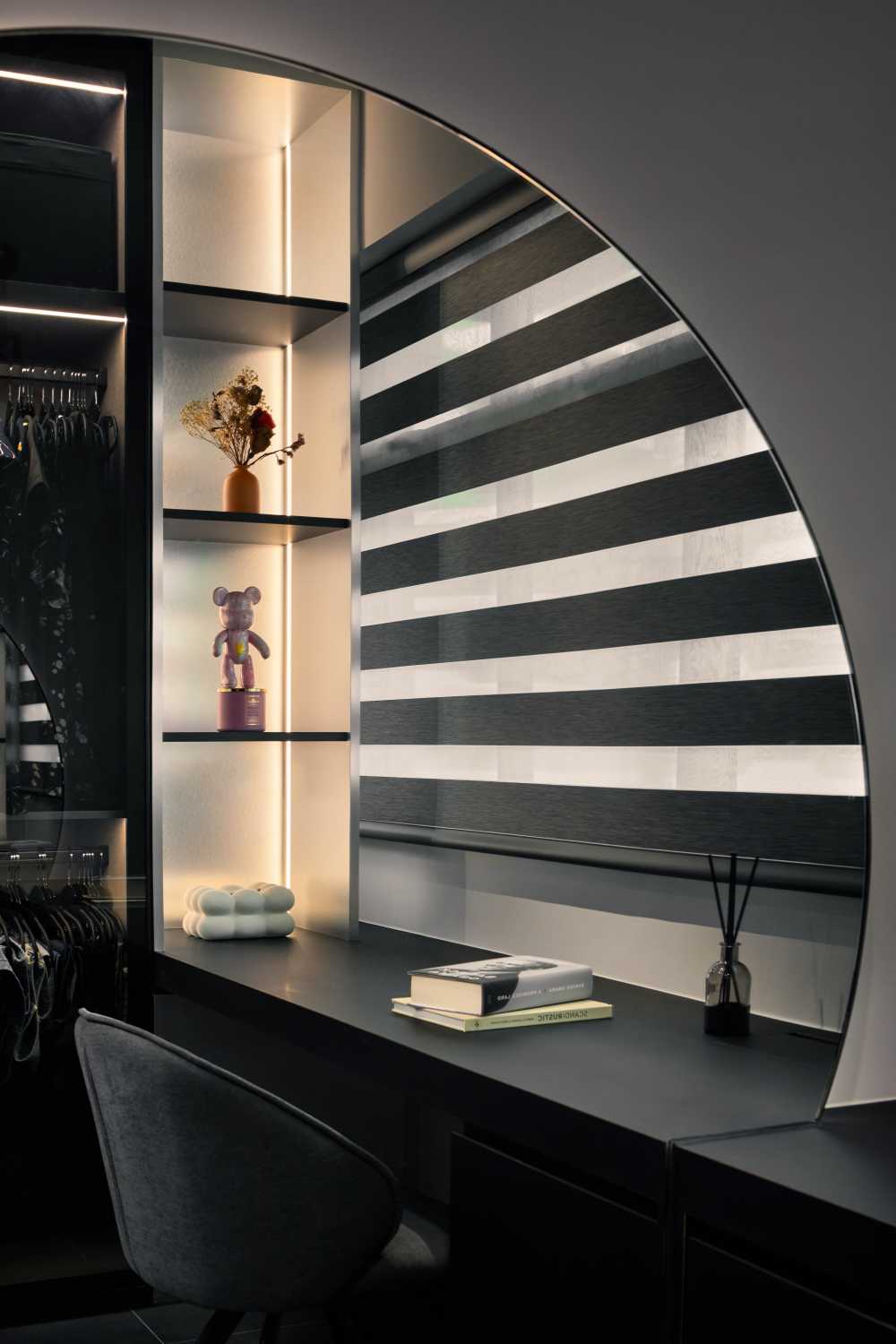 Modern Bedroom with Bookshelf and Cove Lighting