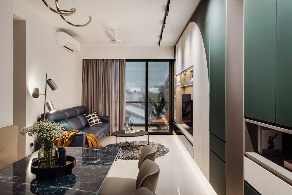 Modern Living Room with Bookshelf and Feature Wall