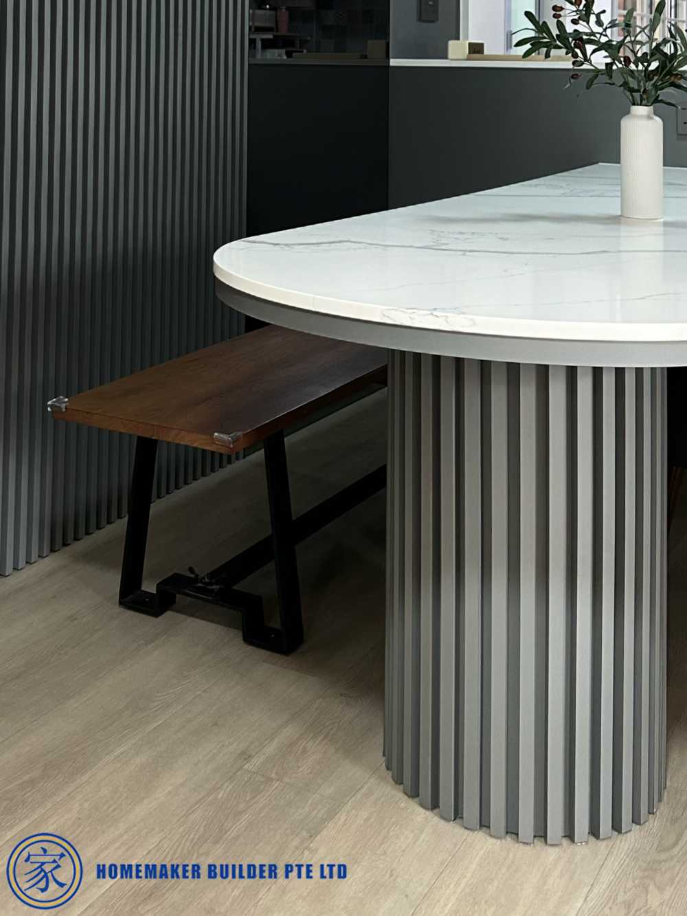 Contemporary Dining Room with Countertop and Feature Wall