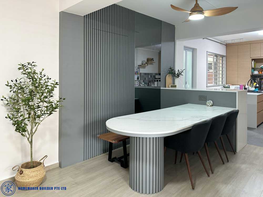 Contemporary Dining Room with Feature Wall and Mirror