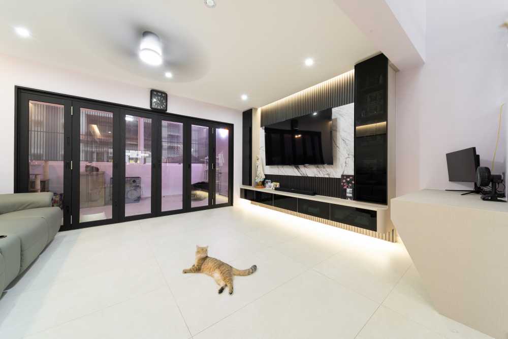 Modern Living Room with Homogeneous Tiles and TV Console