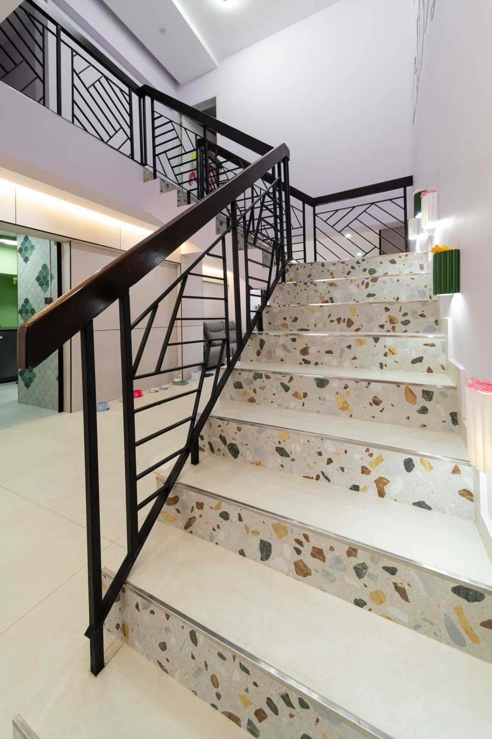 Modern Hallway with Bookshelf and Artwork