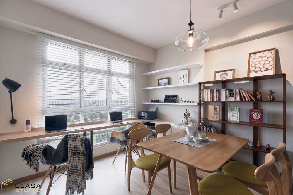 Scandinavian Living Room with Bookshelf and Countertop