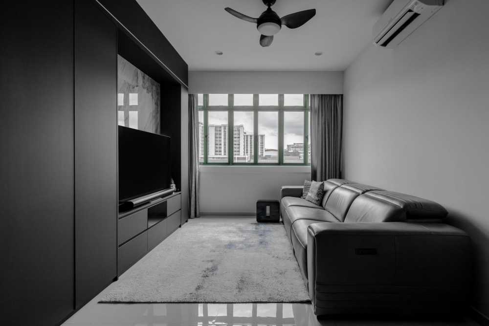 Minimalist Living Room with Feature Wall and Ceiling Fan