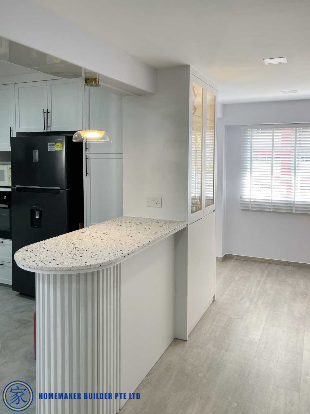 Contemporary Living Room with Vinyl Flooring and Kitchen Island