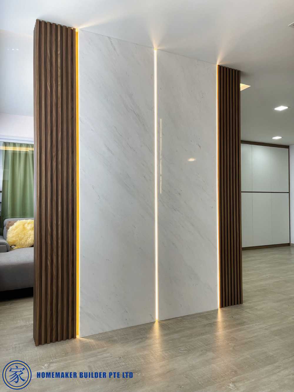 Contemporary Living Room with Vinyl Flooring and Feature Wall