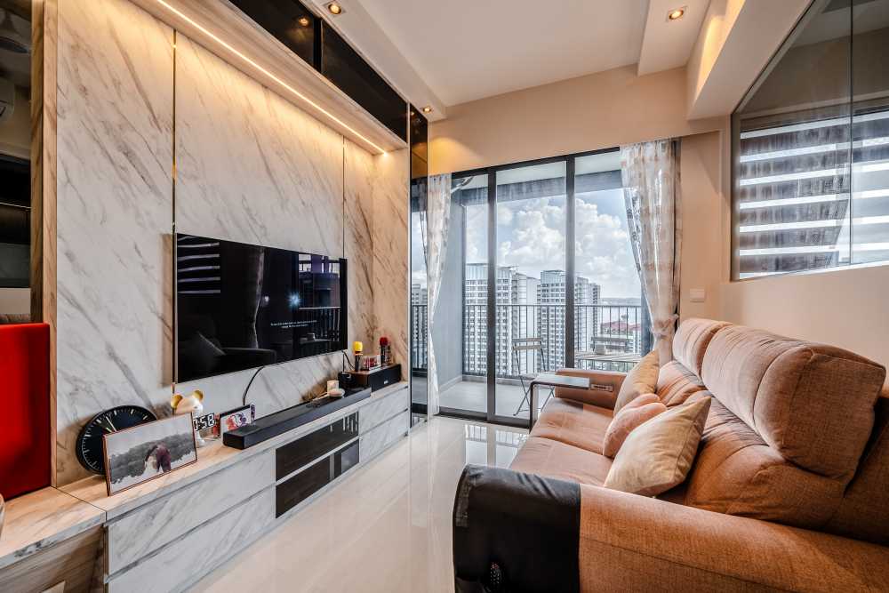 Contemporary Living Room with TV Console and Feature Wall