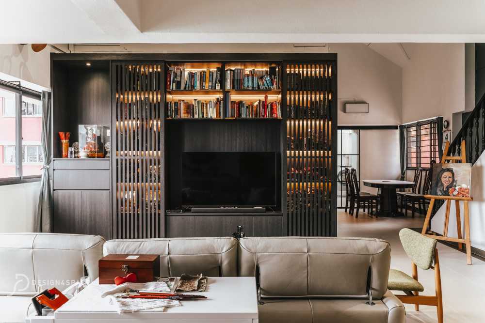 Transitional Living Room with TV Console and Feature Wall