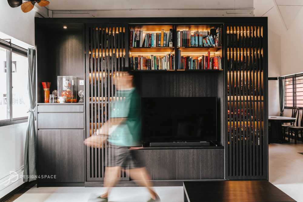 Transitional Living Room with TV Console and Paintings