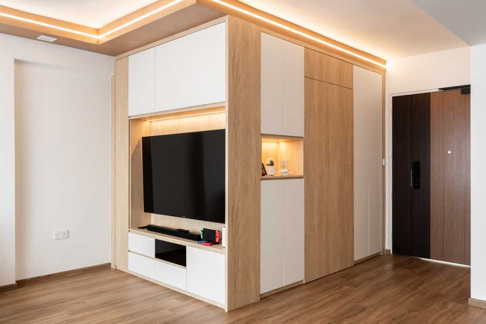 Scandinavian Living Room with Vinyl Flooring and TV Console