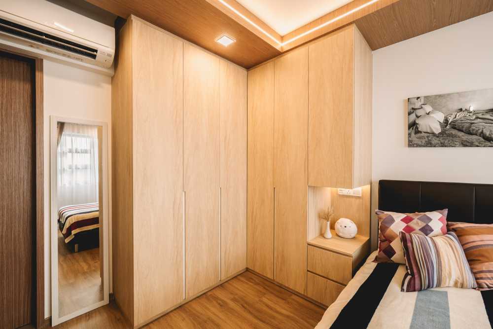 Scandinavian Bedroom with Vinyl Flooring and Wood Flooring