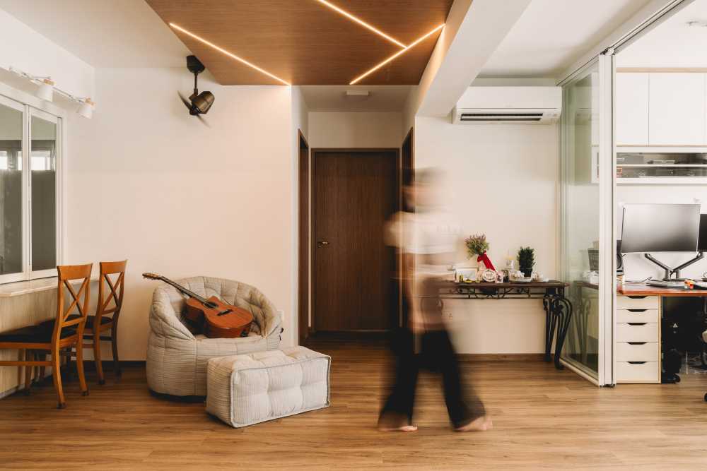 Scandinavian Living Room with Vinyl Flooring and Herringbone Tiling
