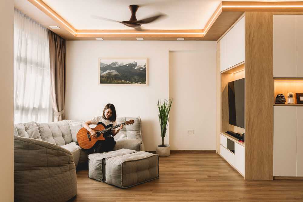 Scandinavian Living Room with Wood Flooring and TV Console