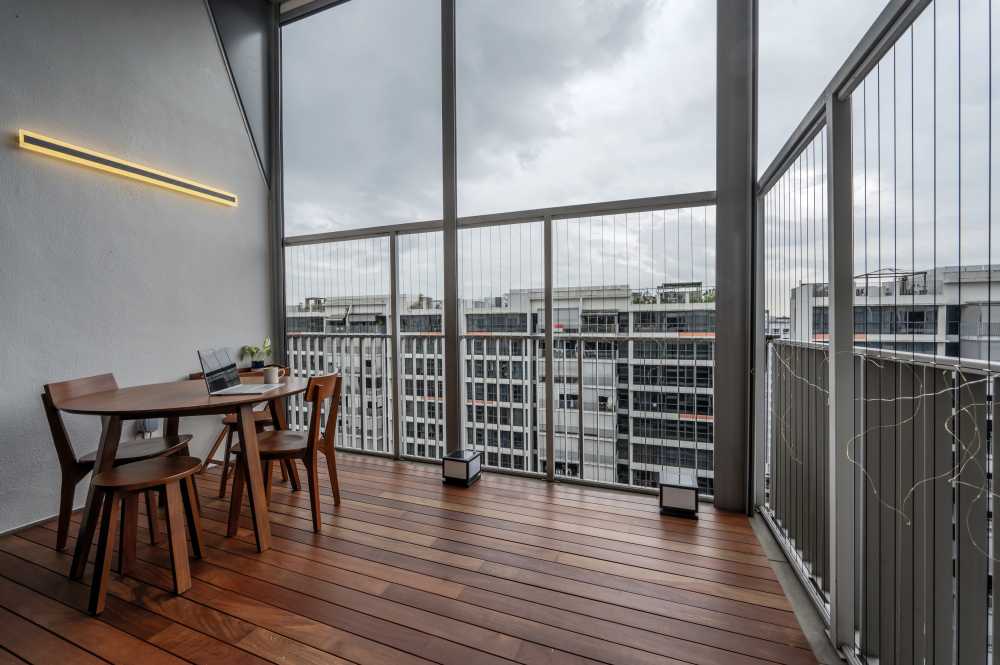 Minimalist Balcony with Wood Flooring and Curtain