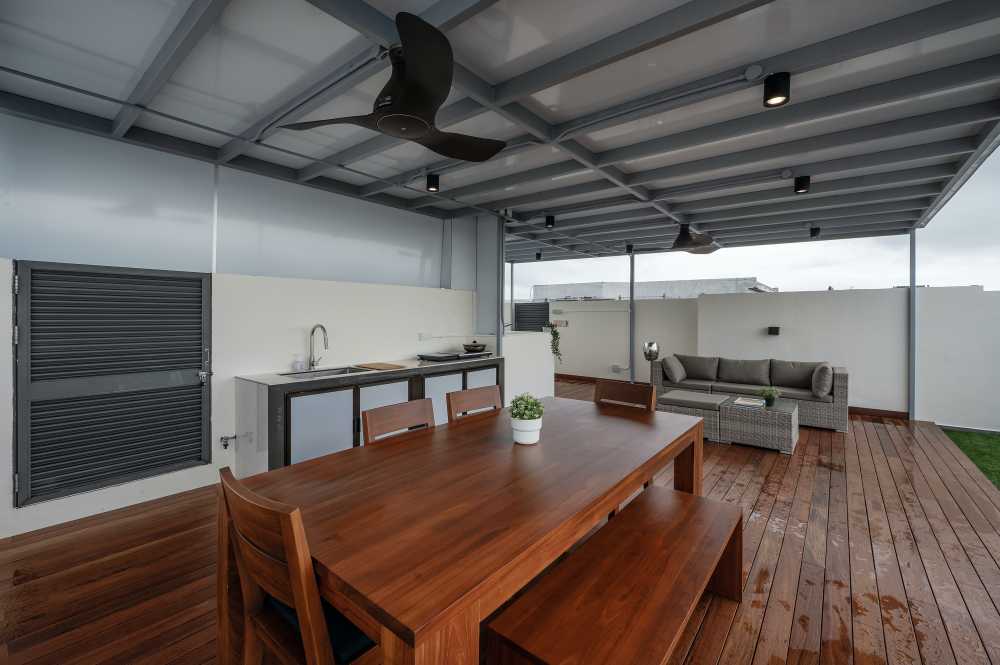 Minimalist Rooftop with Trellis and Seating Bench