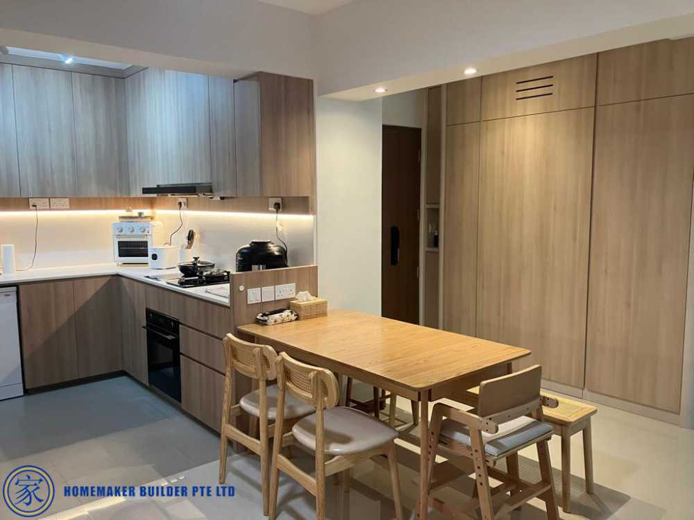 Scandinavian Foyer with Dining Table and Storage Cabinets