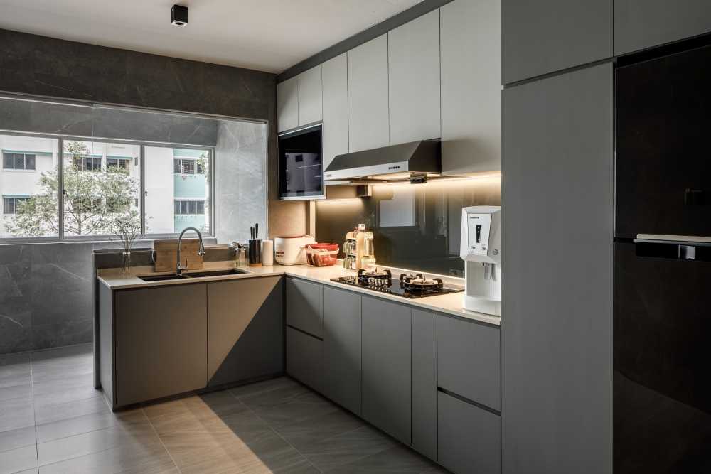 Contemporary Kitchen with Countertop and Herringbone Tiling