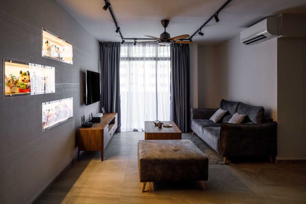 Modern Living Room with Homogeneous Tiles and Feature Wall