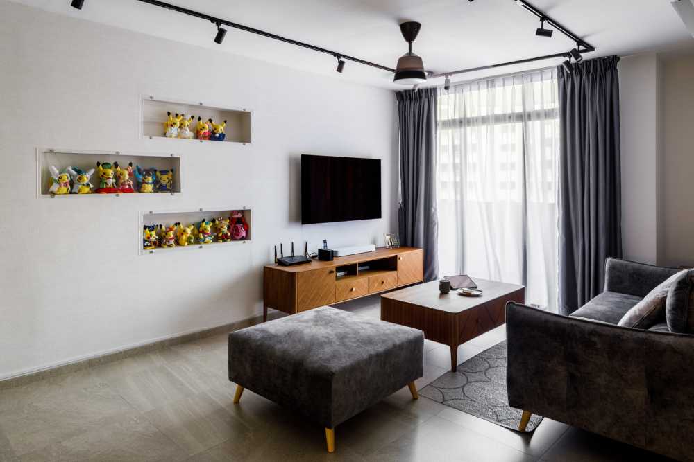 Modern Living Room with Homogeneous Tiles and TV Console