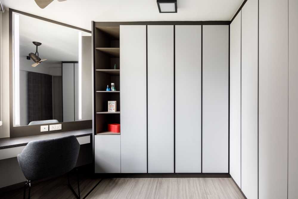 Modern Bedroom with Homogeneous Tiles and Wardrobe