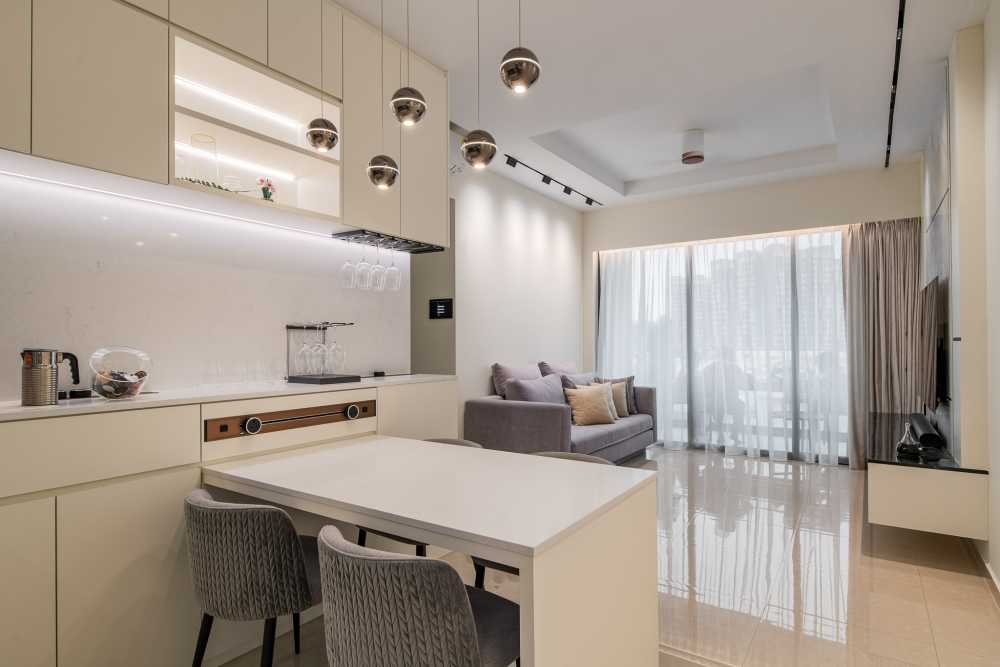 Contemporary Dining Room with Drop Light and Ceiling Light