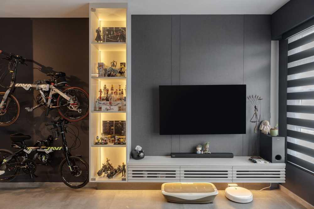Minimalist Living Room with TV Console and Roller Blinds