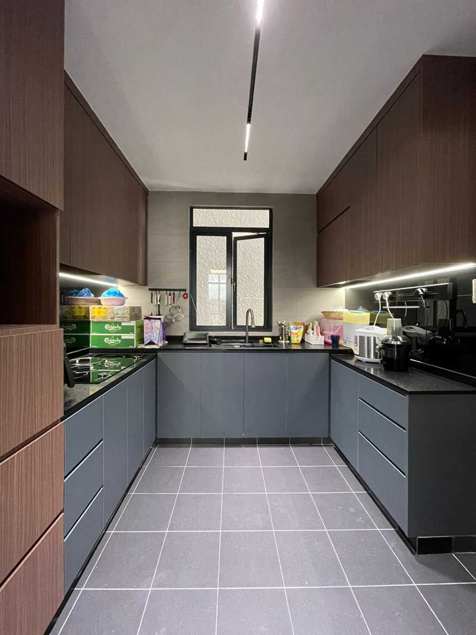 Scandinavian Kitchen with Granite Floor and Wood Flooring