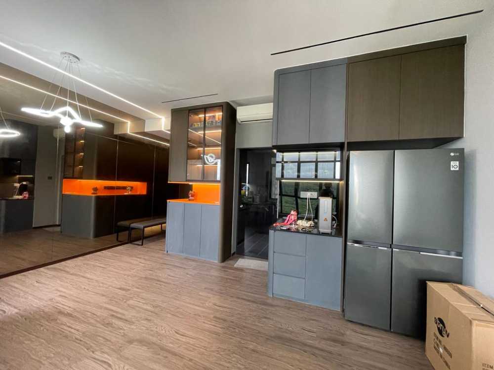 Scandinavian Kitchen with Marble Floor and Wood Flooring